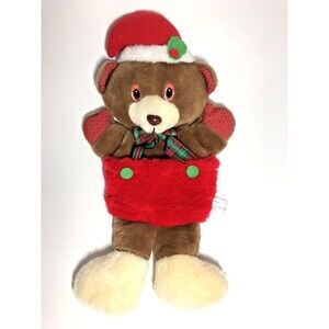 Vintage Christmas Stocking Plush Teddy Bear Tan Brown Red Overalls Santa hat 18"